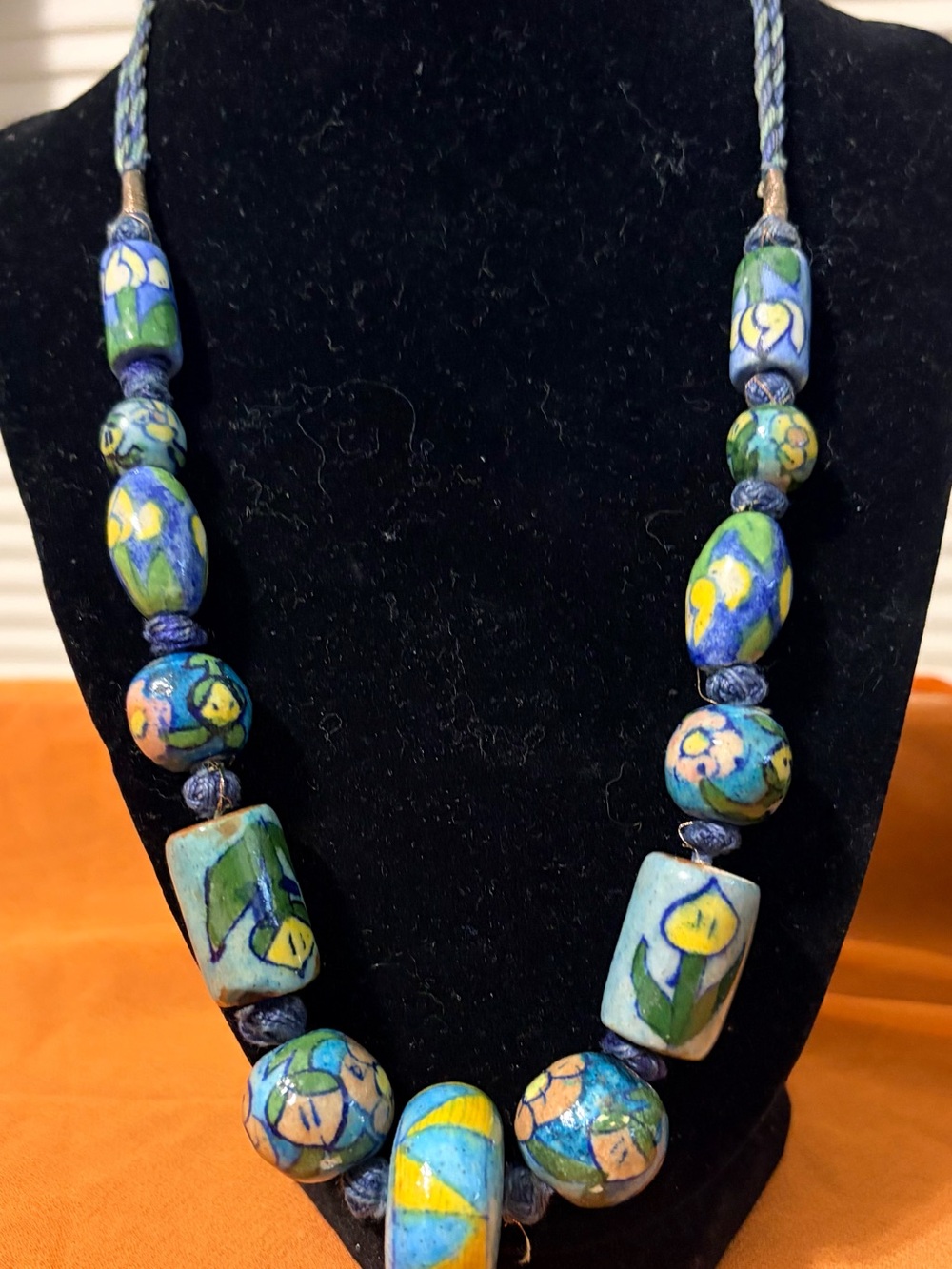 Hand-Painted Floral Ceramic Bead Necklace - Blue & Green